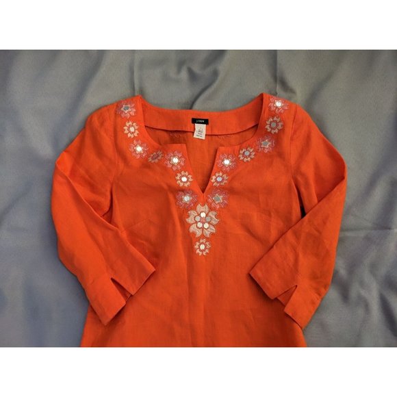 J.Crew Top Orange Linen Tunic Floral Embroidered Hippie Womens Size 0 - Picture 2 of 9